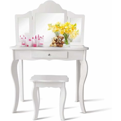 Goplus – Coiffeuse enfant avec miroir 3 volets pliables – Partie supérieure amovible – Dimensions 70 x 34 x 100 cm – MDF de qualité