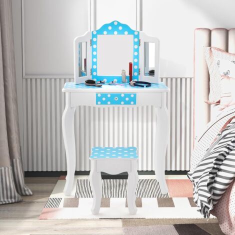 GOPLUS Coiffeuse Enfant avec Tabouret, 2 en 1 Table de Maquillage avec Miroir Rabattable, Tiroir Unique, Plateau Amovible, Bleu