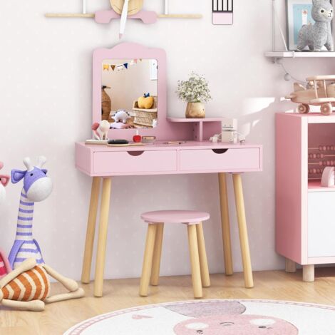 GOPLUS Coiffeuse Enfant Fille 3-7 Ans, Coiffeuse en Bois avec Miroir Amovible avec Tabouret, 2 en 1 Table de Maquillage et Bureau avec 2 Tiroirs, Étagère de Rangement (Rose)