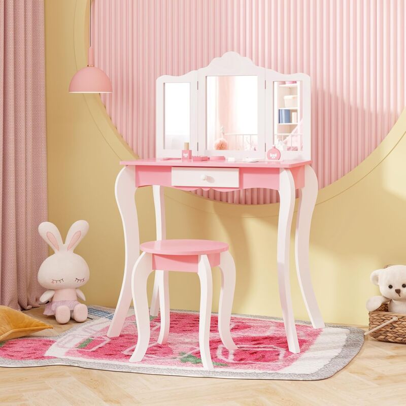 Coiffeuse Enfant Fille avec Chaise, 2 en 1 Bureau Enfant et Coiffeuse avec Miroir Pliable en 3 Parties, Plateau Amovible, Tiroir de Rangement, pour 3