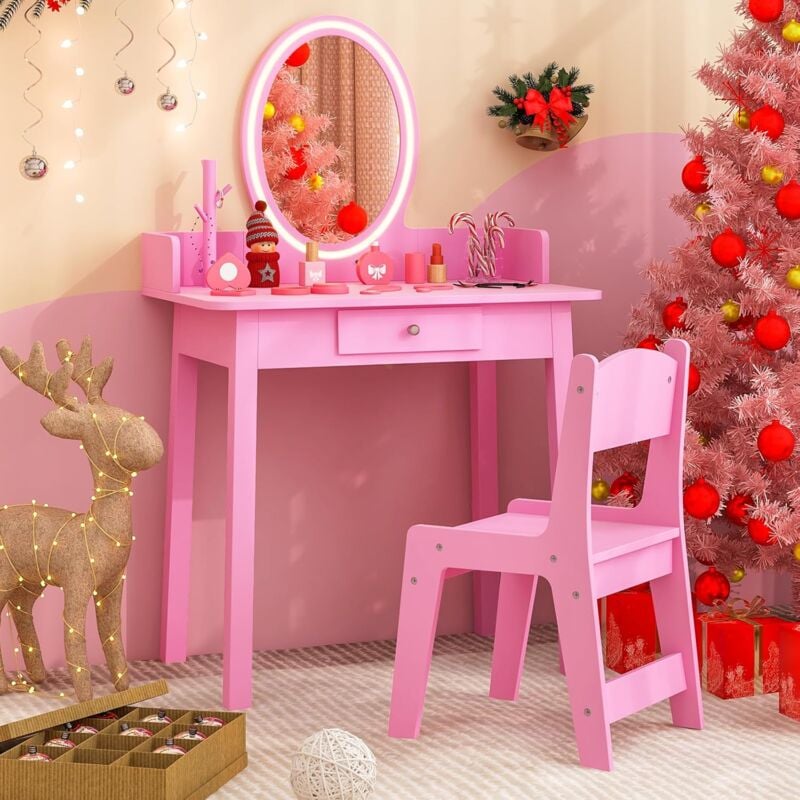 Coiffeuse Enfant Fille avec Lumière led Bicolore, Table de Maquillage avec Chaise, Tiroir, Miroir Ovale, Organisateur de Bijoux en Forme d'arbre,