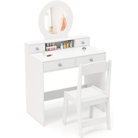 GOPLUS Coiffeuse Enfant Fille avec Miroir et Tabouret, Bureau Coiffeuse Enfant avec Rangement,Etagère Ouverte, 4 Tiroirs, Dispositif Anti-Basculement, pour 3+ Ans