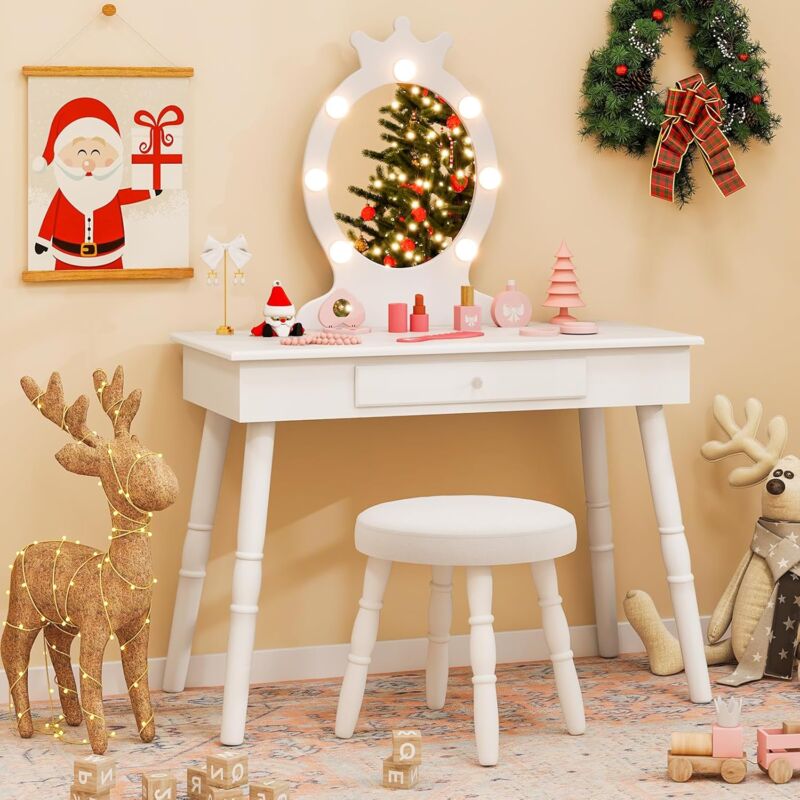 Goplus - Coiffeuse Enfant Fille avec Miroir et Tabouret, Lumières led 3 Couleurs, 2 en 1 Bureau Enfant avec Rangement, Table de Maquillage avec