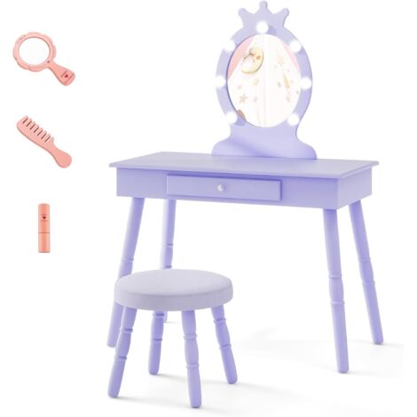 GOPLUS Coiffeuse Enfant Fille avec Miroir et Tabouret, Lumières LED 3 Couleurs, Table de Maquillage avec Accessoires de Beauté, 2 en 1 Bureau Enfant avec Rangement (Violet)