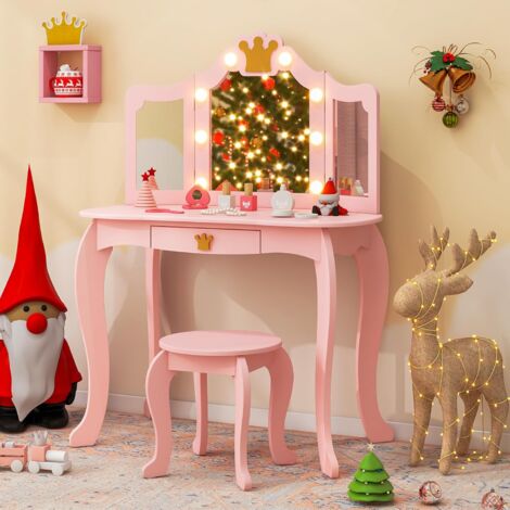 Goplus – Coiffeuse enfant fille avec miroir LED 3 couleurs – Bureau de maquillage 80x40x106 cm – Tabouret inclus – Rangement pour accessoires
