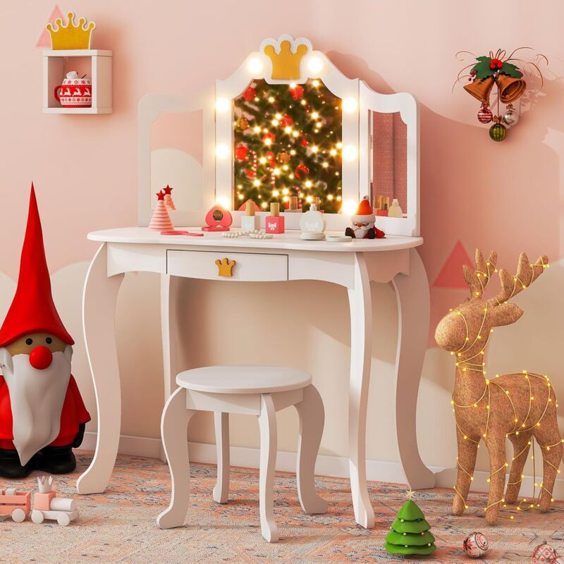 Goplus - Coiffeuse Enfant Fille avec Miroir led 3 Couleurs, Table de Maquillage avec Tabouret, Miroir à 3 Volets, Accessoires, 2 en 1 Bureau