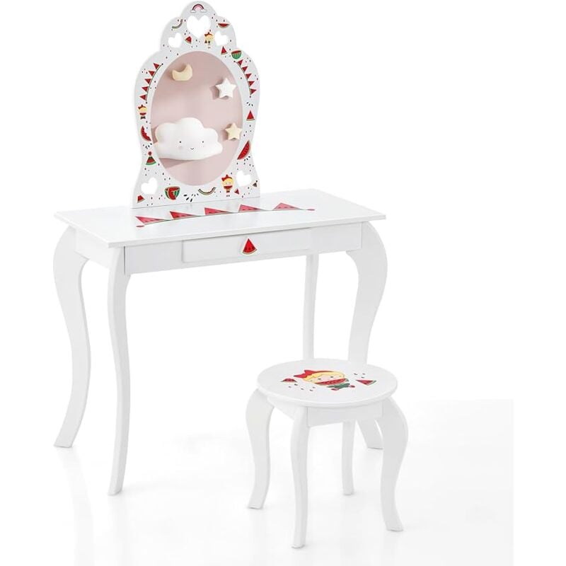 Goplus - Coiffeuse Enfant Fille, Table de Maquillage avec Miroir Ovale et Tabouret, Charge 50KG, pour Enfants 3+ Ans, Pastèque