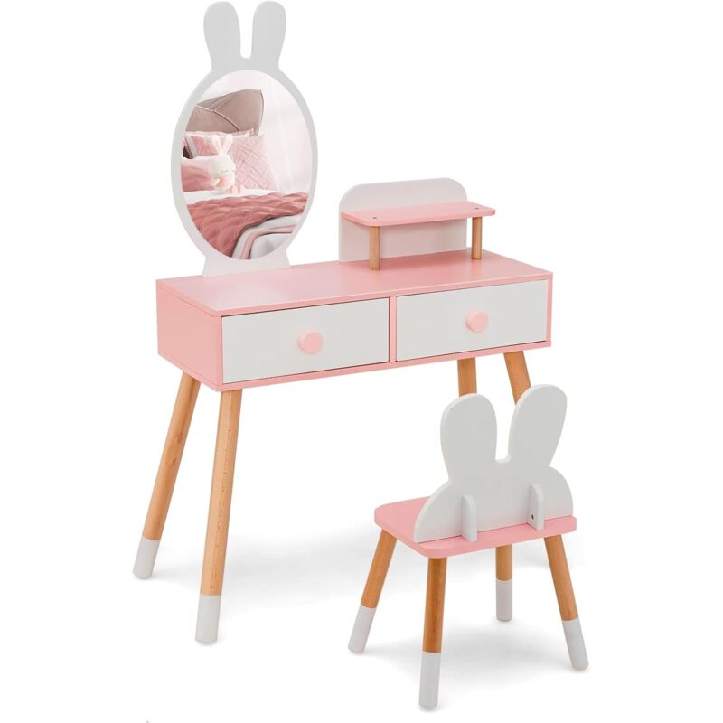 GOPLUS Coiffeuse Enfants avec Miroir, Coiffeuse de Maquillage Princesse 2 en 1 avec Tabouret et Miroir en Forme d'oreilles de Lapin, Tiroirs Doubles