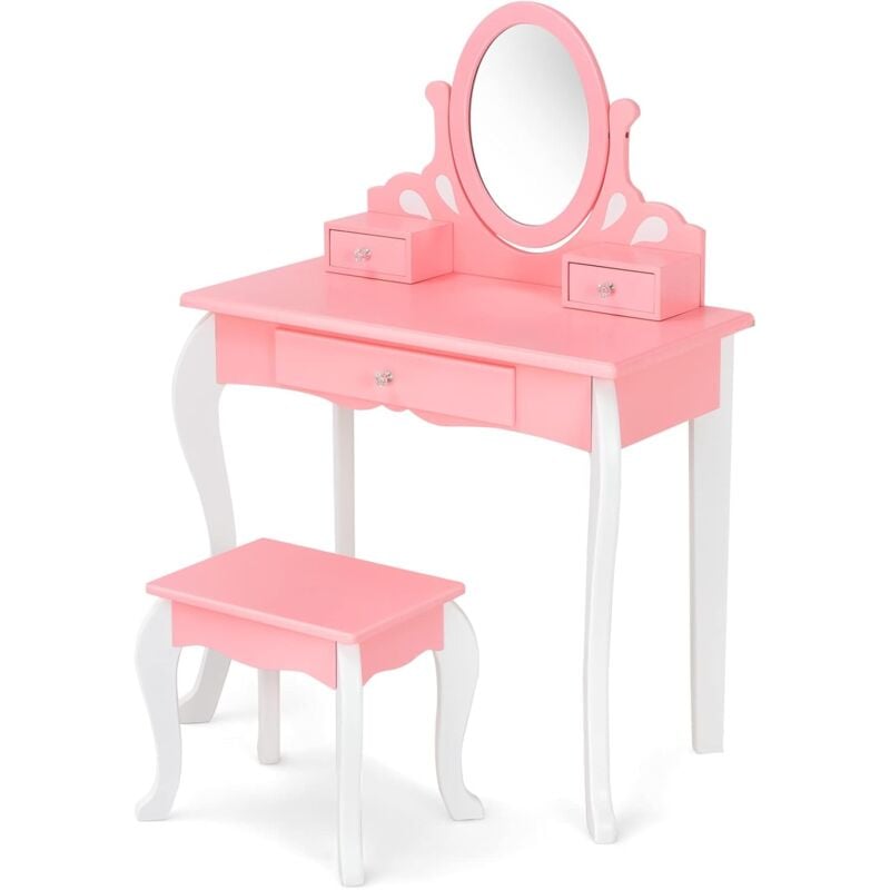 Goplus - Coiffeuse Enfants avec Miroir Rotatif à 360 ° et Amovible, Ensemble Coiffeuse avec tabouret confortable, Table de Maquillage avec 3 Tiroirs,