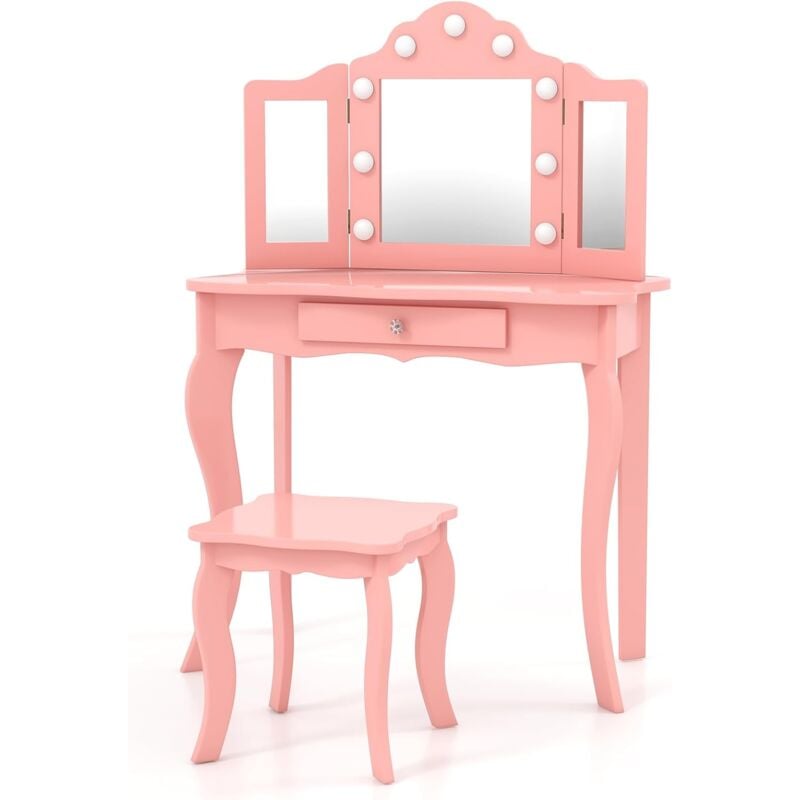 GOPLUS Coiffeuse Filles de 3+ Ans, Table de Maquillage pour Enfant avec Tabouret, Miroir LED à 3 Couleurs, Style Princesse, Rose