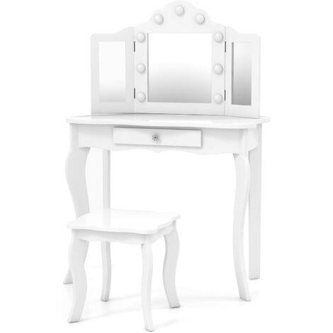 GOPLUS Coiffeuse Filles de 3+ Ans, Table de Maquillage pour Enfant avec Tabouret, Miroir LED à 3 Couleurs, Style Princesse, Blanc