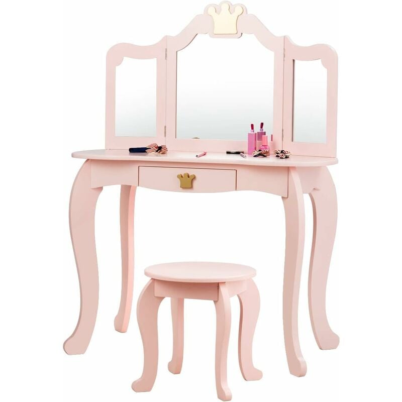 Goplus - Coiffeuse Enfant 3-7 Ans 2 en 1-Table de Maquillage avec Tabouret/3 Miroirs Amovibles/1 Tiroir,Pieds en Bois de Pin,Rose
