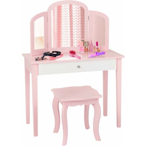 GOPLUS Coiffeuse pour Enfant avec Miroir Pliant, Inclus de Table de Maquillage et Tabouret,1 Grand Tiroir Accessoire de Maquillage,Table de Maquillage de Filles Style Princesse (Rose)
