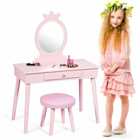 GOPLUS Coiffeuse pour enfants avec tabouret,coiffeuse et chaise,table cosmetique avec miroir et tiroir,egalement comme bureau,Rose