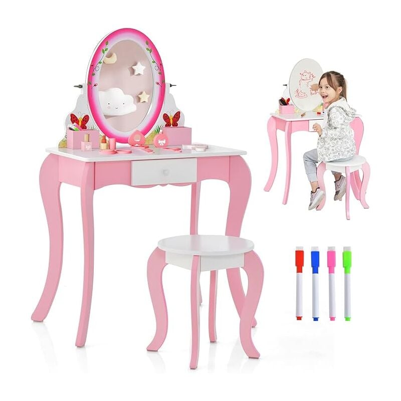 Goplus - Coiffeuse pour Enfants avec Tiroir, Ensemble de Coiffeuse et Tabouret avec Miroir Détachable, pour Filles 3+ Ans, Papillon