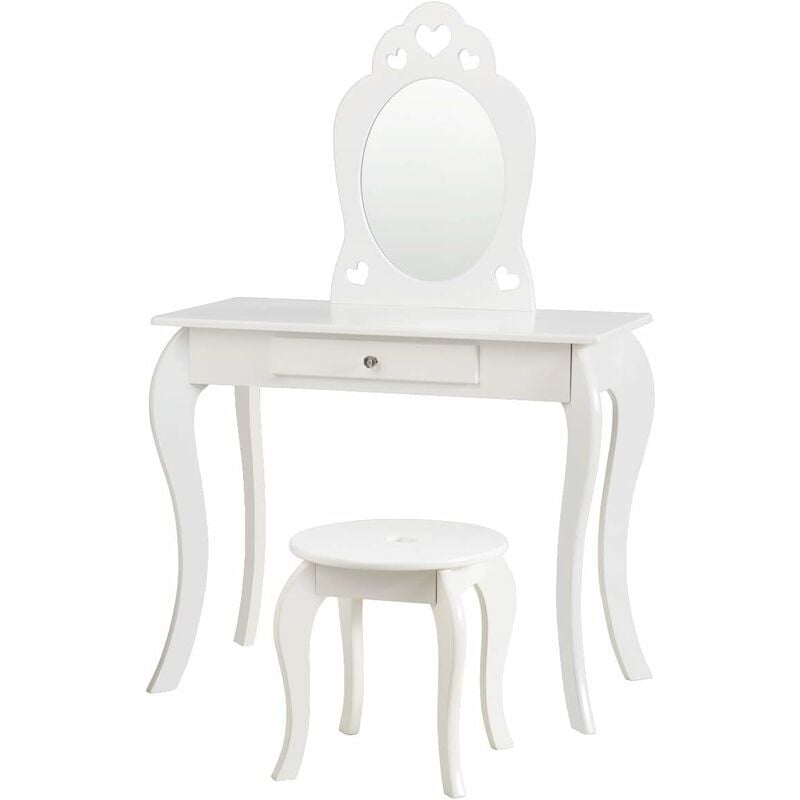 Coiffeuse pour Fille de Style Princesse Europeenne, Table de Maquillage pour Enfant avec Tabouret, Miroir et Tiroir en mdf, Pieds en Bois de Pin, 70