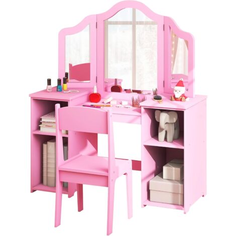 GOPLUS Coiffeuse pour Filles 3+ Ans, 2 en 1 Table Chaise avec Étagères Ouvertes, Miroir Amovible à Trois Volets, Rose