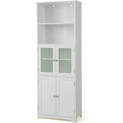 Goplus – Colonne de salle de bain 60x30x163cm – 6 niveaux de rangement avec 2 étagères ouvertes et 2 compartiments – Verre trempé et MDF blanc