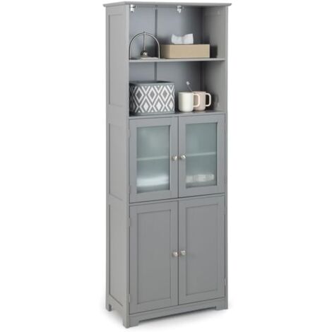 Goplus – Colonne de salle de bain 60x30x163cm – Meuble de rangement 6 niveaux avec 2 étagères ouvertes et 2 compartiments – Verre trempé et MDF résistant à l'humidité