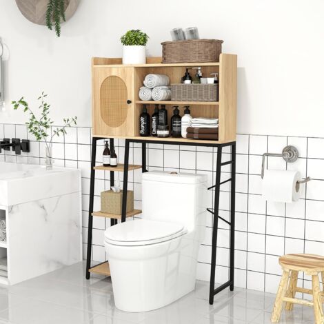 Goplus – Colonne de salle de bain avec porte en rotin PE – Étagère réglable 3 positions – Dimensions 89x29x139cm – Structure robuste en métal naturel