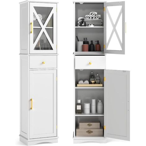 Goplus – Colonne de salle de bain étroite sur pieds – 3 étagères réglables – 1 tiroir – MDF et verre trempé – Dimensions 40x30x168,5 cm – Pour espaces réduits
