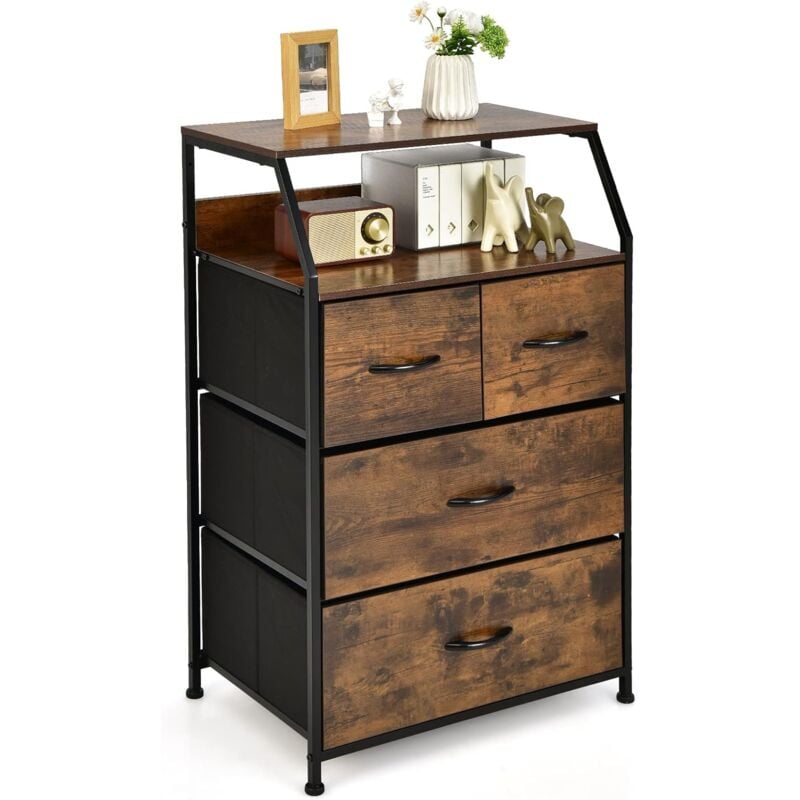 Commode 4 Tiroirs avec 2 Étagères-Tour de Rangement avec Cadre en Métal-Tiroirs en Tissu-Dispositif Anti-basculement-Brun - Goplus