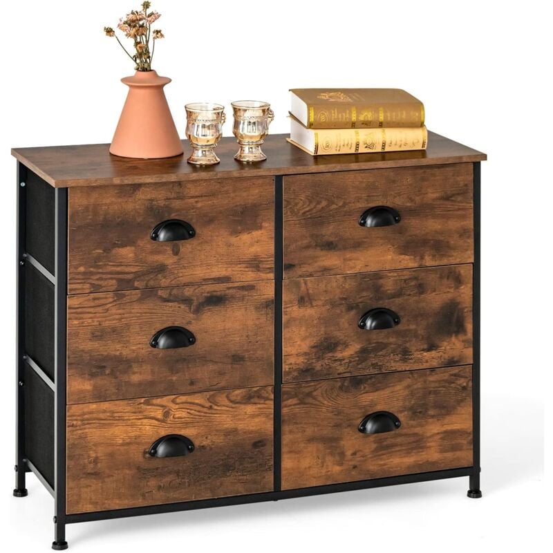 Goplus - Commode à 6 tiroirs, Commode, Commode en Tissu, Tour de Rangement en Tissu avec 6 tiroirs en Tissu, Dessus et façade en Bois, Structure en
