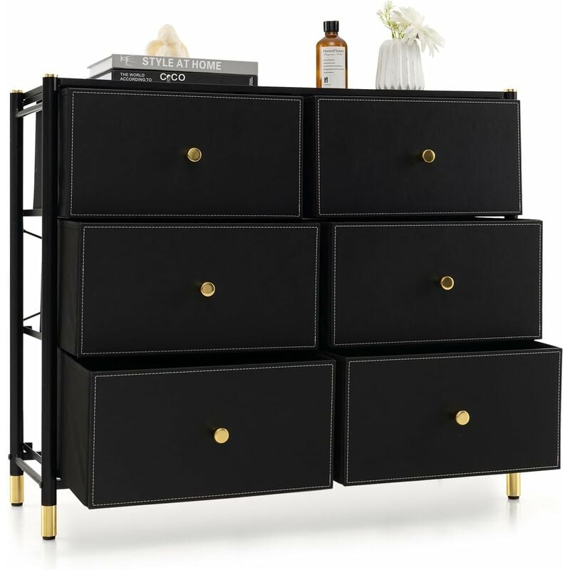 Commode 6 Tiroirs Amovibles et Pliables-Meuble de Rangement en Tissu avec Cadre en Métal-Dispositif Anti-basculement Noir - Goplus