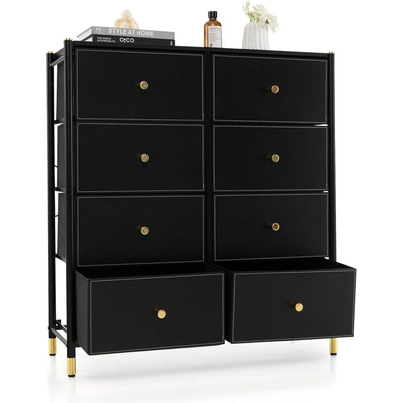 Commode 8 Tiroirs Amovibles et Pliables-Meuble de Rangement en Tissu avec Cadre en Métal-Dispositif Anti-basculement Noir - Goplus