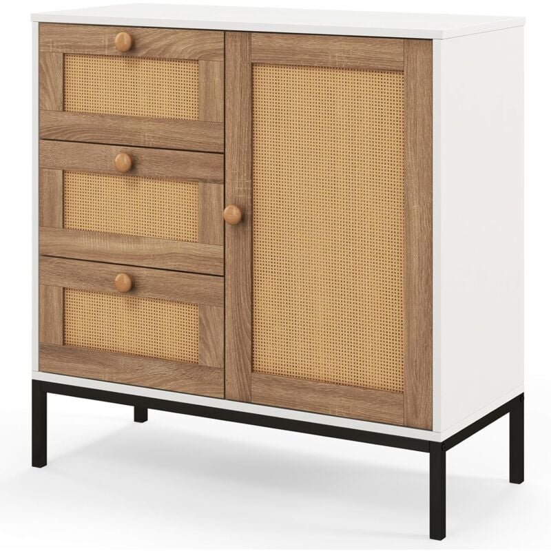 Commode à 3 Tiroirs & 1 Porte en Rotin-3 Étagères & Pieds Surélevés en Métal-Meuble de Rangement Indépendant Blanc+Naturel - Goplus