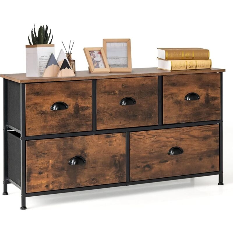Goplus - Commode à 5 tiroirs, Commode avec tiroirs Pliables, Patins réglables, Structure en Acier et Plateau en Bois, Commode en Tissu/Commode/Meuble