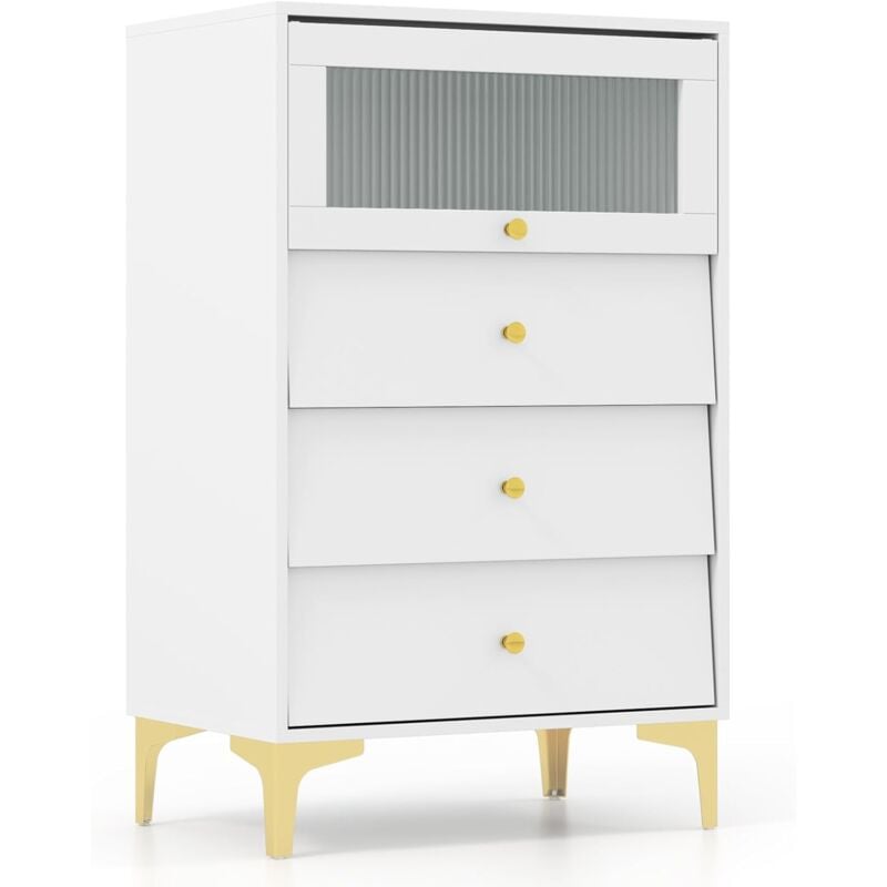 Commode avec 3 Tiroirs 60x0x95,5CM avec Placard à Porte en Verre et Tiroirs Coulissants-Pieds Métalliques Dorés,Blanc - Goplus