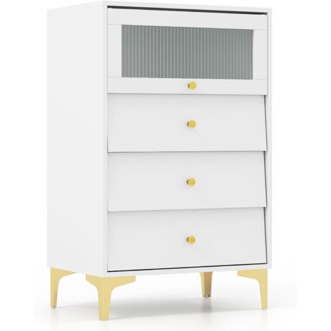 GOPLUS Commode avec 3 Tiroirs 60x0x95,5CM avec Placard à Porte en Verre et Tiroirs Coulissants-Pieds Métalliques Dorés,Blanc