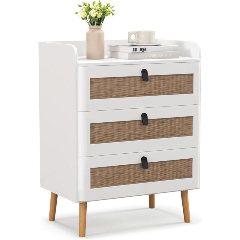 Commode avec 3 Tiroirs en Rotin 60x40x75CM-Pieds en Bois Massif-avec Dispositif Anti-basculement,Blanc - Goplus