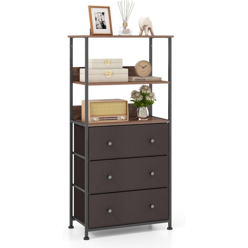 Commode avec 3 Tiroirs et Etagères Ouvertes, Cadre en Métal, Commode Chambre 117cm de Haut, Meuble Rangement Verticale avec Bacs en Tissu Amovibles