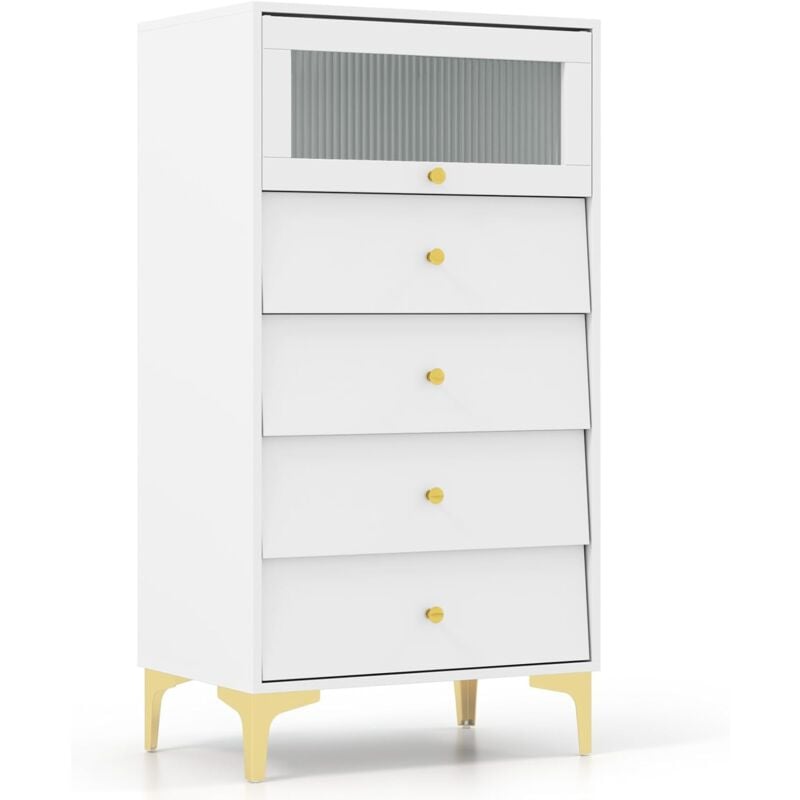 GOPLUS Commode avec 4 Tiroirs 60x40x112,5CM avec Placard à Porte en Verre et Tiroirs Coulissants-Pieds Métalliques Dorés,Blanc