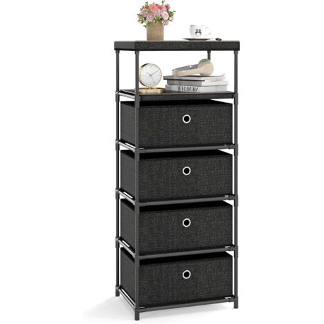 GOPLUS Commode avec 4 Tiroirs Pliables, Tour de Rangement avec Bacs en Tissu à Tirer Facilement & Cadre en Métal, pour Chambre à Coucher, Entrée, Salon (4 Tiroirs+1 Étagère,Gris)