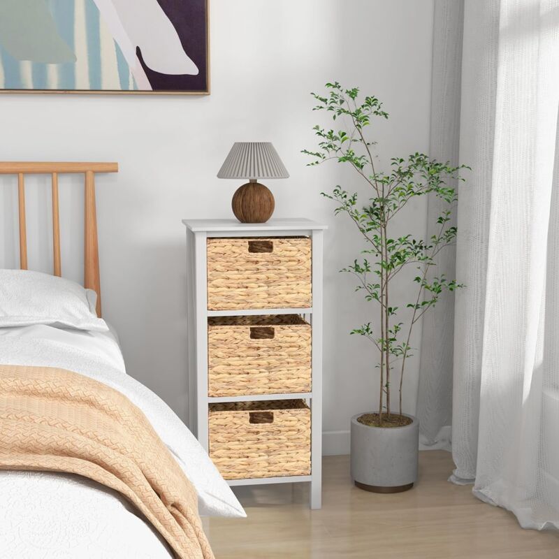 Lot de 2 Commode avec 3 Tiroirs 36x30x80CM-Paniers en Jonc de Mer Amovible-Cadre en Bois d'Hévéa Blanc - Goplus