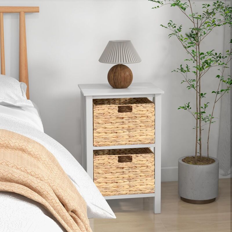 Lot de 2 Commode avec 2 Tiroirs 36x30x57CM-Paniers en Jonc de Mer Amovible-Cadre en Bois d'Hévéa Blanc - Goplus