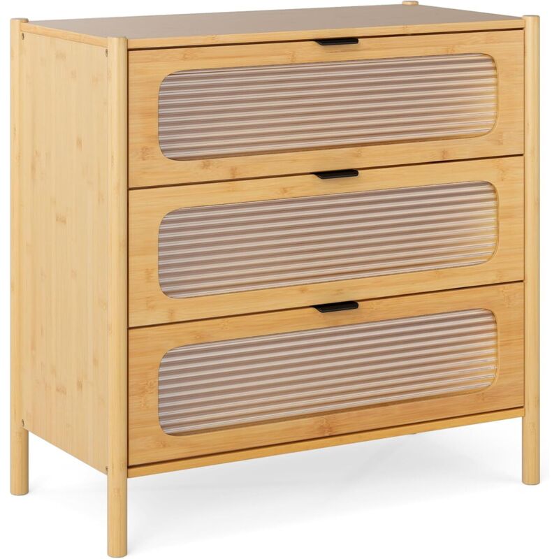 Commode Chambre en Bambou à 3 Tiroirs, Verre Trempé à Cannelures, Dispositif Anti-Basculement, Armoire de Rangement Style Naturel pour Salon,