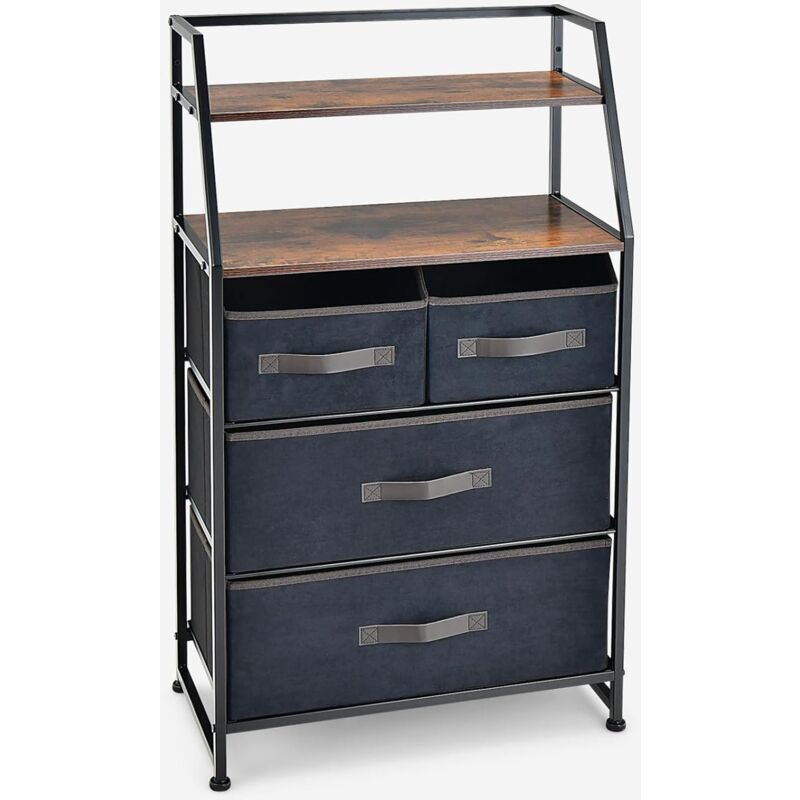Commode de Rangement à 4 Tiroirs, Tour de Rangement en Tissu avec 2 étagères Ouvertes, Cadre Métallique Robuste, Dispositif Anti-basculement, Commode