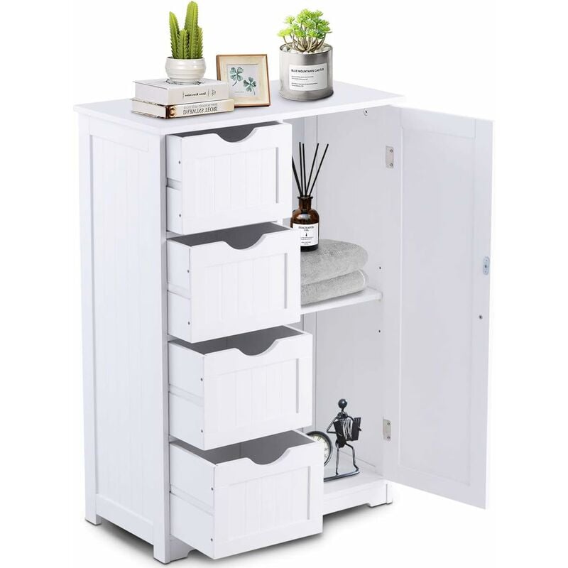 Commode de Rangement avec 4 Tiroirs et Porte Magnetique, Etagere Hauteur Reglable, Meuble de Rangement pour Salon/Chambre/Bureau Blanc 55 x 30 x 81CM