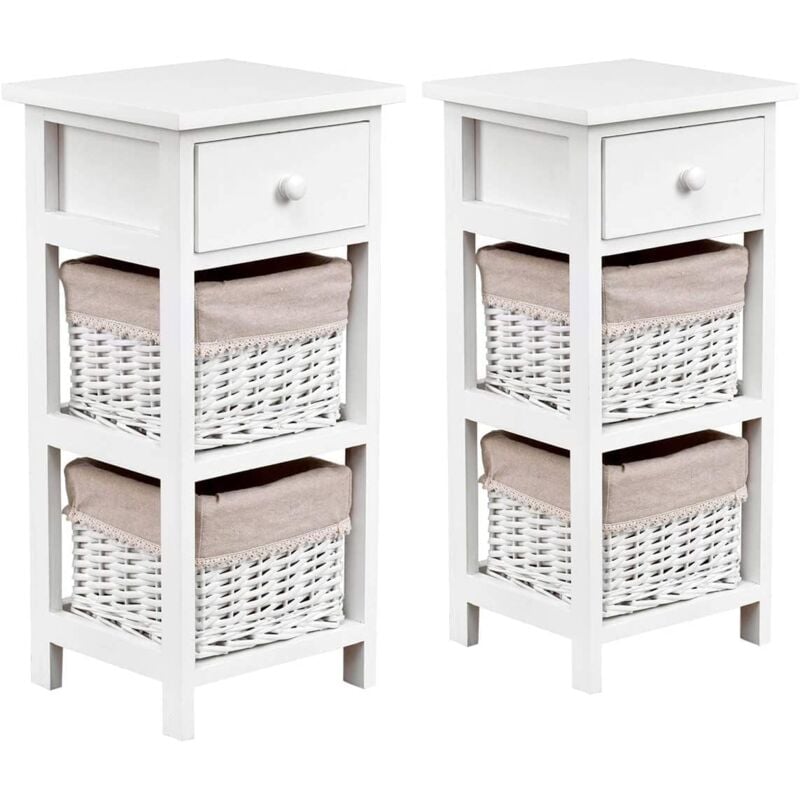 Goplus - Table de Nuit avec Tiroir & 2 Paniers Tressés, Meuble d'Appoint en Bois Massif, Table de Chevet à Côté du Canapé ou du Lit, Stable et