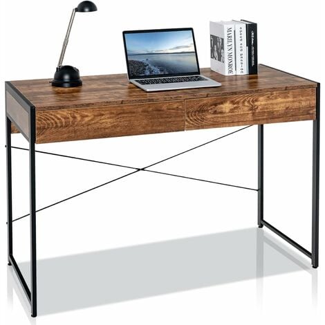 GOPLUS Computertisch mit Schubladen, Schreibtisch mit 2 Schubladen und Stahlrahmen, industrieller Arbeitstisch für Wohnzimmer Schlafzimmer Arbeitszimmer (Braun)
