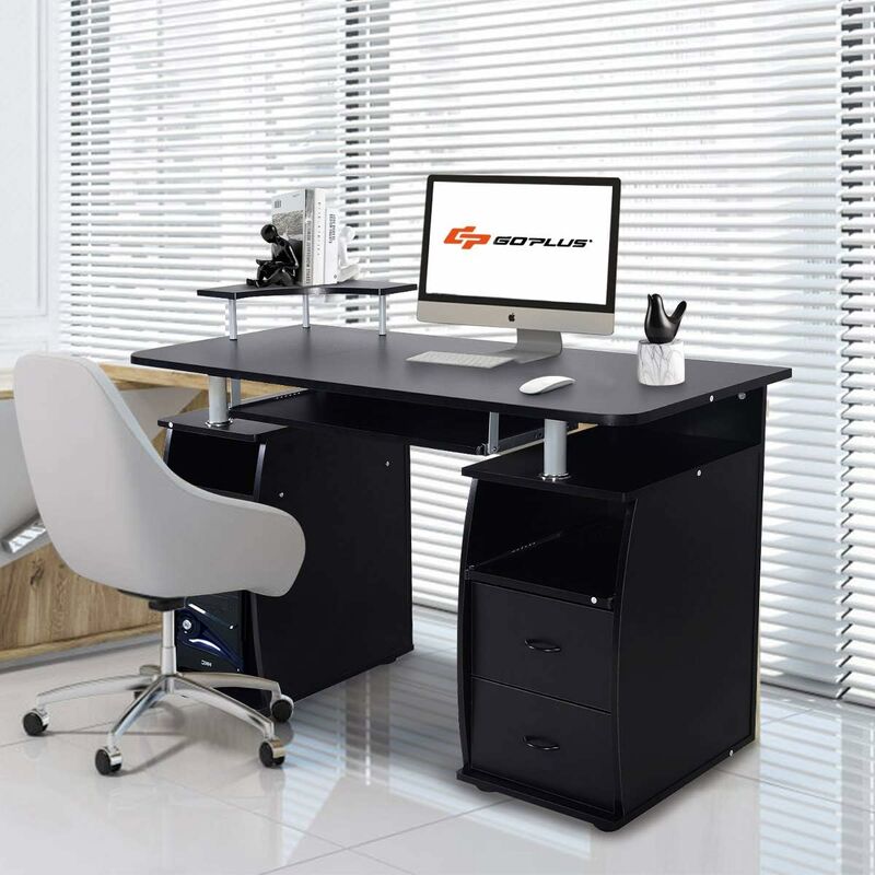 Goplus - Computertisch, Schreibtisch Farbwahl, Bürotisch mit Tastaturauszug, Arbeitstisch, PC-Tisch mit Schubladen, 120x55x76cm (Schwarz)