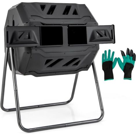 GOPLUS Contenitore per Compostaggio da Esterno, Compostiera Girevole a Doppia Camera da 160 L con 2 Porte Scorrevoli, Telaio in Metallo, Compostiera Rotante BPA-Free per Rifiuti (Nero)