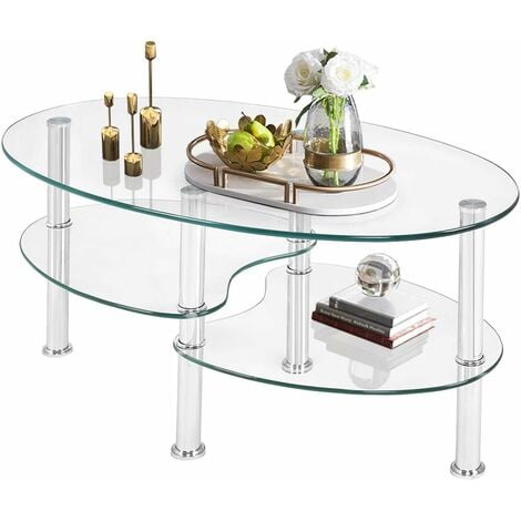 GOPLUS Couchtisch Glas, Glastisch Oval, Beistelltisch Sicherheitsglas, Kaffeetisch 3-Etagen-Design, Wohnzimmertisch Metallrahmen, 89 x 51 x 45,5 cm (Transparent)