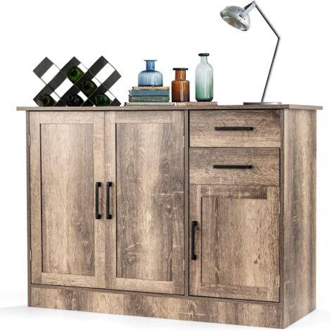 GOPLUS Credenza Mobile da Cucina con 3 Ante e 2 Cassetti e Protezione Antiribaltamento, Mobile Buffet Indipendente, Mobile Contenitore Soggiorno, Sala da Pranzo e Cucina, 110,5 x 40,5 x 79 cm, Grigio