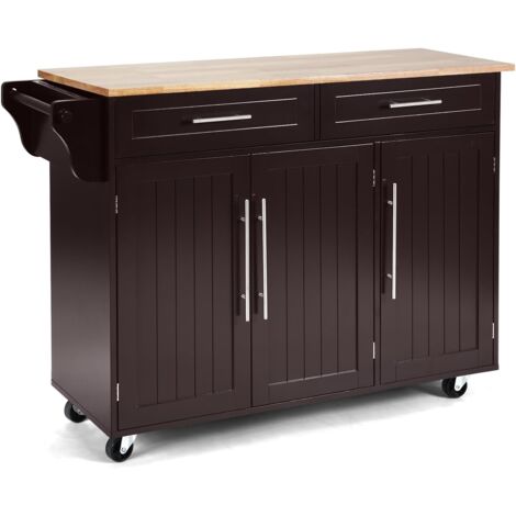 GOPLUS Credenza Mobile su Ruote, Carrello Cucina a 3 Ante con Maniglia, Ripiano Ragolabile in Altezza, 2 Cassetti, 6 Cubi Portaoggetti, Portasciugamani, 122 x 46 x 92,3 cm (Marrone)