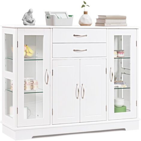 GOPLUS Credenza per Cucina, Mobile di Stoccaggio per Cucina con Porte e Ripiani, 2 Vetrine in Vetro per Sala da Pranzo, Corridoio, Ufficio 107 x 30 x 82 cm